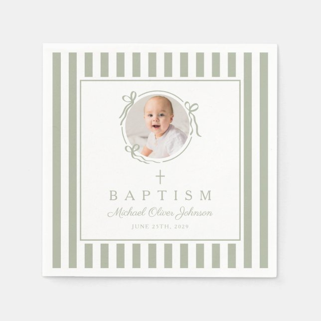 Modern Sagegrön Religiös Pojke Dop Foto Pappersservett (Framsidan)