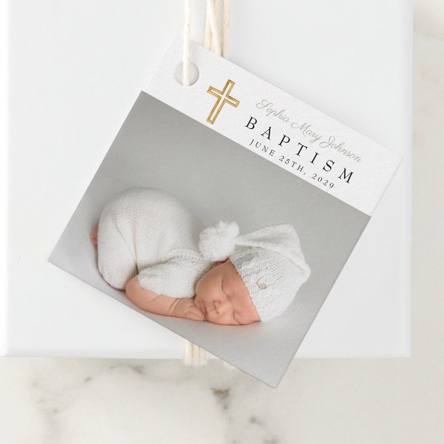Modern Sagegrön Script Foto Dop  Gåvor Etiketter (Modern Sage Green Script Photo Baptism Favor Tags)