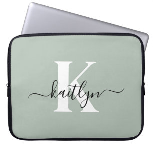 Modern sagegrön scriptmonogram laptop fodral