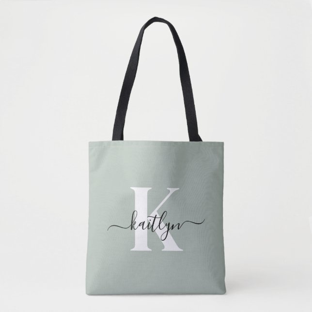 Modern sagegrön scriptmonogram tygkasse (Framsida)