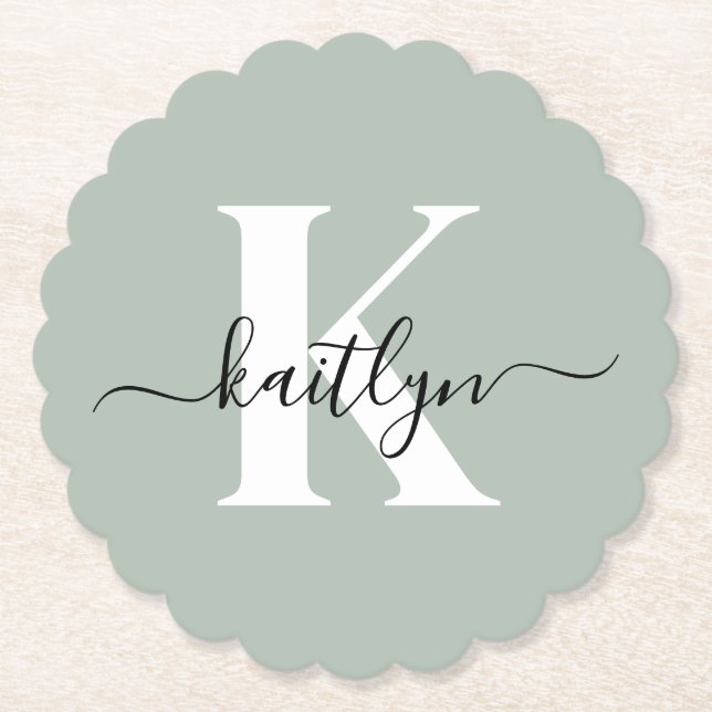 Modern sagegrön scriptmonogram underlägg papper (Framsida)