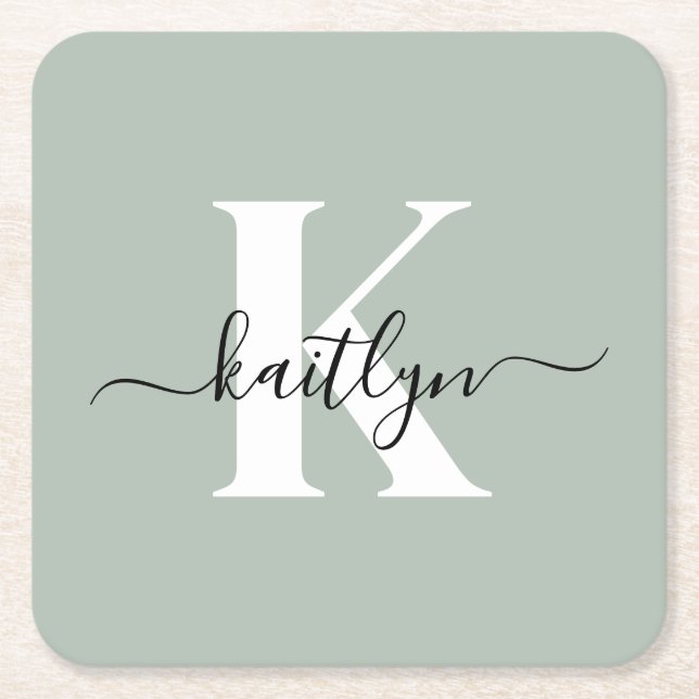 Modern sagegrön scriptmonogram underlägg papper kvadrat (Framsidan)