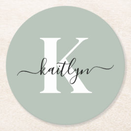 Modern sagegrön scriptmonogram underlägg papper rund