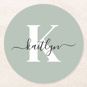 Modern sagegrön scriptmonogram underlägg papper rund