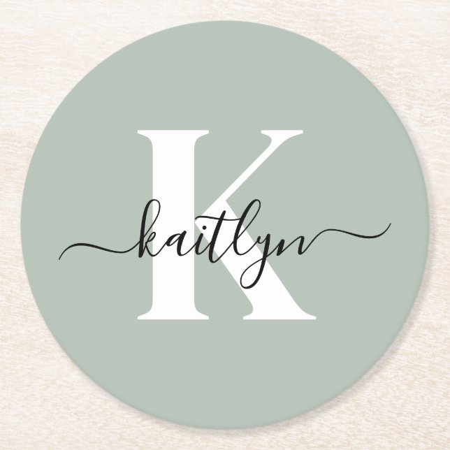 Modern sagegrön scriptmonogram underlägg papper rund (Framsidan)