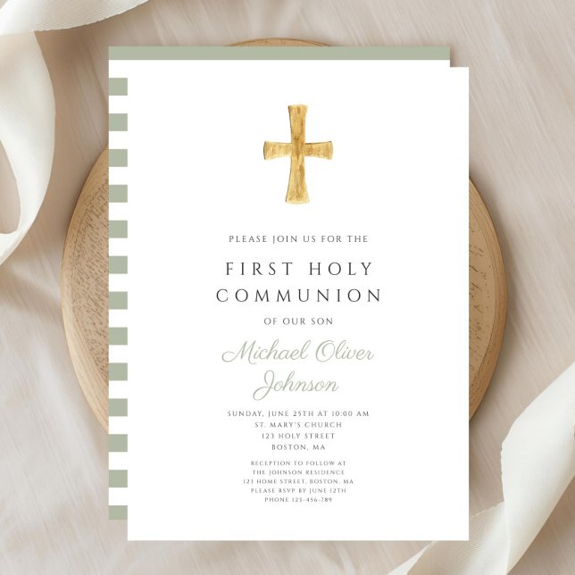 Modern sagegröna ränder Kors Första kommunion Inbjudningar (Modern Sage Green Stripes Cross First Communion Invitation)