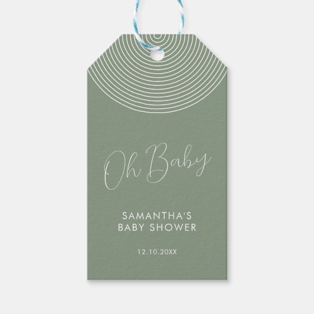 Modern Saggrön Bebis Shower Chic Skript Presentetikett (Framsidan)