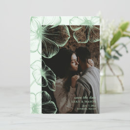 Modern Saggrön Blommig Foto Elegant Bröllop Spara Datumet