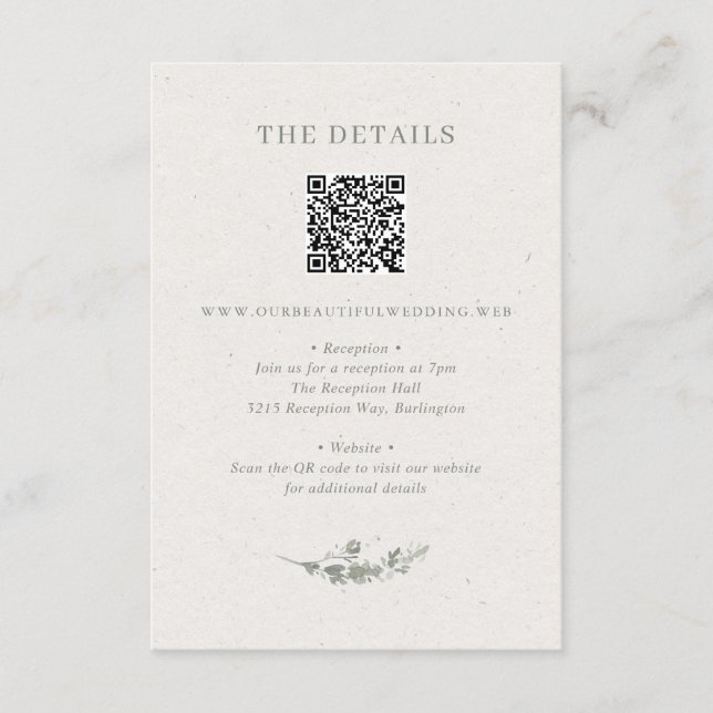Modern Saggrön Botanisk QR-kod Bröllop Tilläggskort (Framsida)