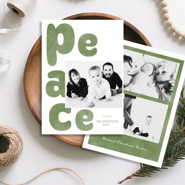 Modern Saggrön FRED Foto Julkort (Modern Sage Green PEACE Photo Holiday Card)