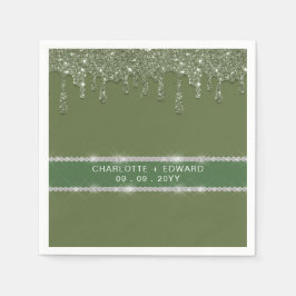 Modern Saggrön Glitter Drip Gnistrande Diamant Pappersservett