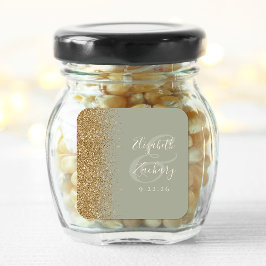 Modern Saggrön Guld Glitter Kant Bröllop Fyrkantigt Klistermärke