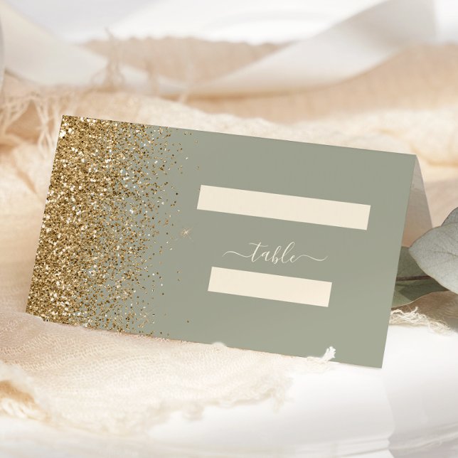 Modern Saggrön Guld Glitter Kant Bröllop Placeringskort (Skapare uppladdad)