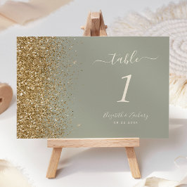Modern Saggrön Guld Glitterkant Bröllop Bordsnummer