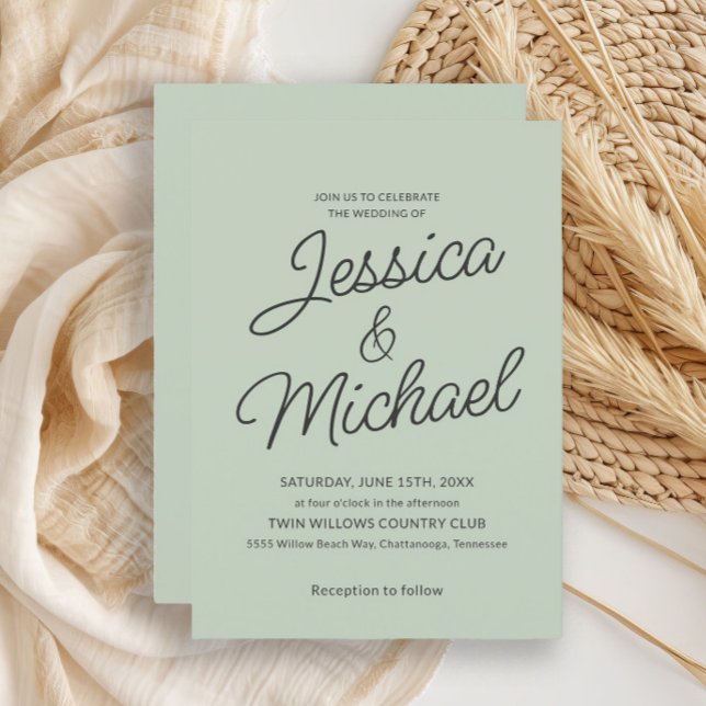 Modern Saggrön Kolgrå Script Bröllop  Inbjudningar (Mint green wedding invitation)