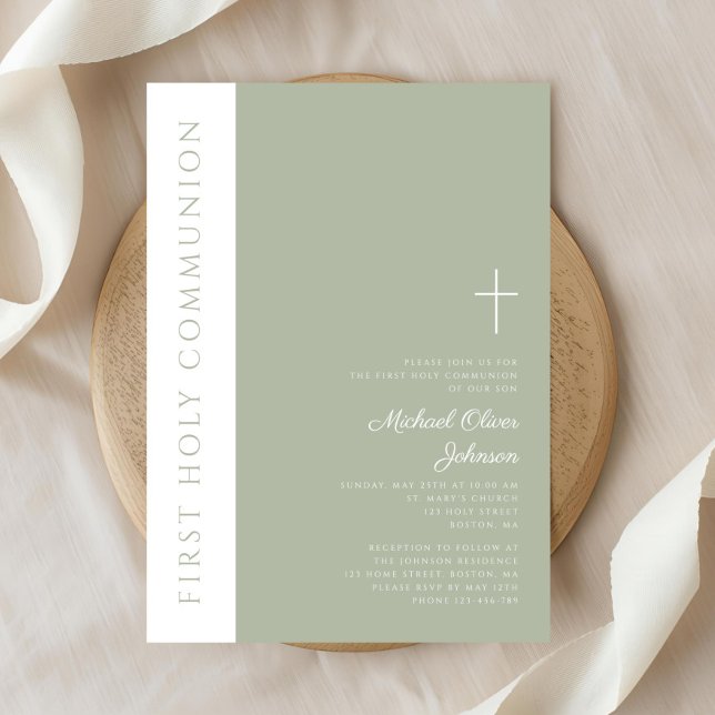 Modern Saggrön Kors Första Nattvarden Inbjudningar (Modern Sage Green Cross First Holy Communion Invitation)