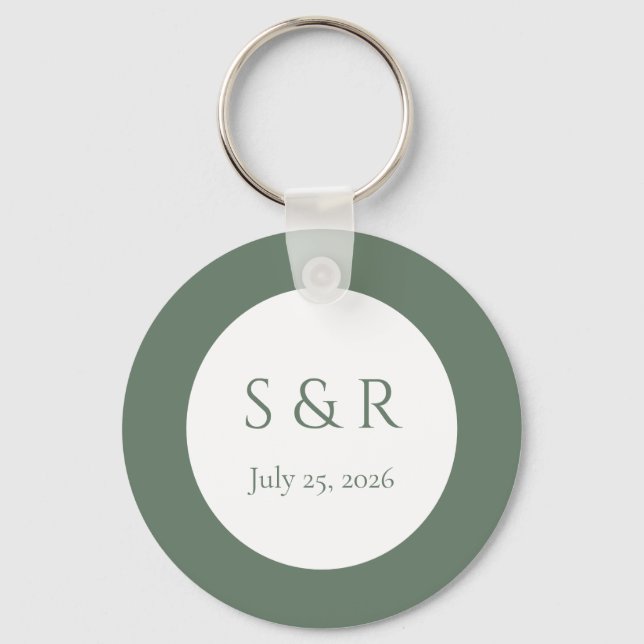 Modern Saggrön Minimal Monogram Bröllopspresent  Nyckelring (Framsida)