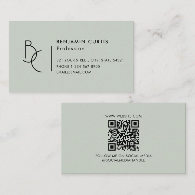 Modern Saggrön Monogram Minimalist QR-kod Visitkort (Fram/baksida)