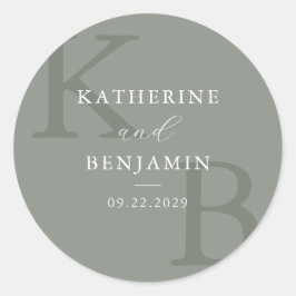 Modern Saggrön Monogram Minimalistisk Bröllop Runt Klistermärke