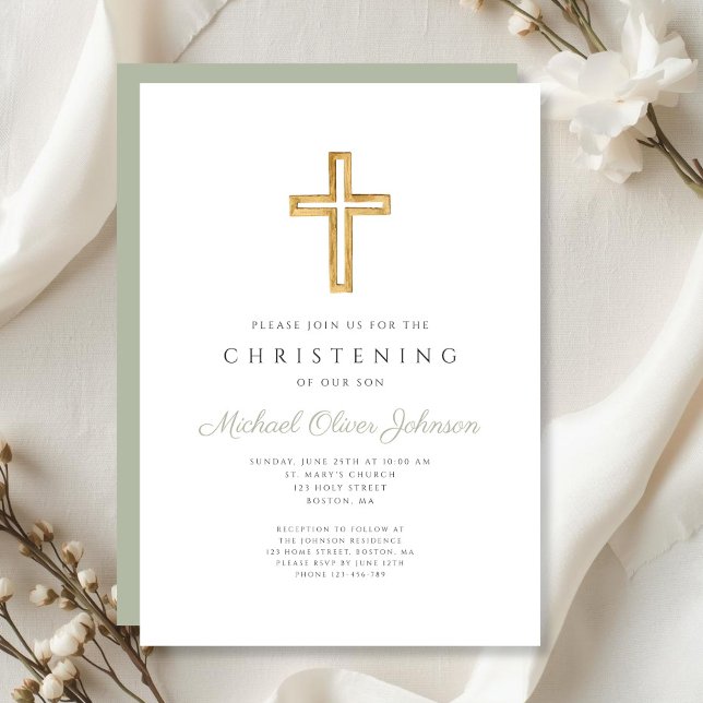 Modern Saggrön Religiös Kors Dopfest    Inbjudningar (Modern Sage Green Religious Cross Christening Invitation)