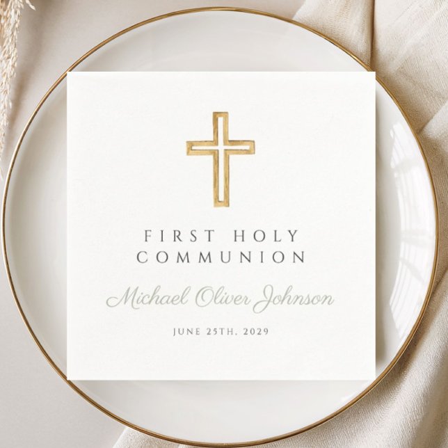 Modern Saggrön Religiös Kors Första Nattvarden Pappersservett (Modern Sage Green Religious Cross First Communion Napkins)