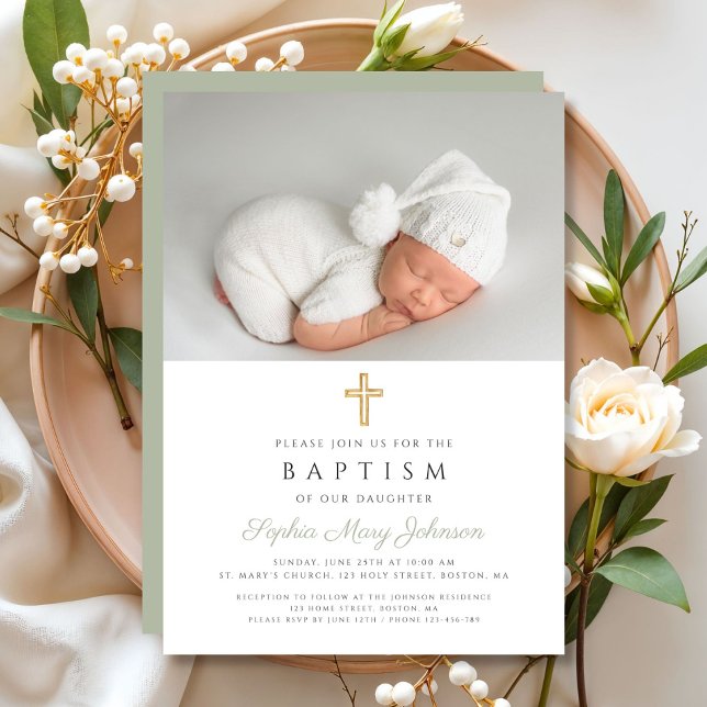 Modern Saggrön Religiös Kors Foto Dop Inbjudningar (Modern Sage Green Religious Cross Photo Baptism Invitation)
