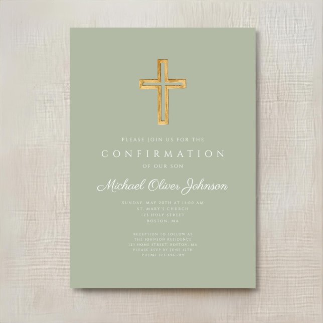 Modern Saggrön Religiös Korsbekräftelse Inbjudningar (Modern Sage Green Religious Cross Confirmation Invitation)