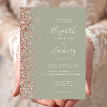 Modern Saggrön Rosa Guld Glitter Kant Bröllop