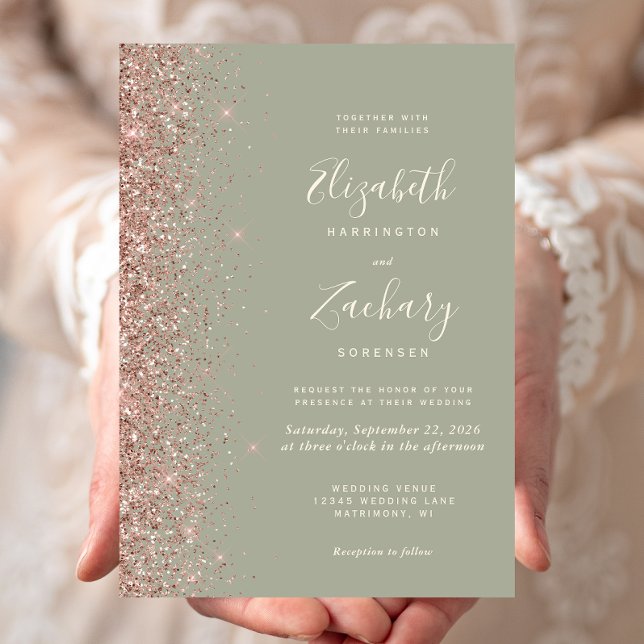 Modern Saggrön Rosa Guld Glitter Kant Bröllop Inbjudningar (Skapare uppladdad)