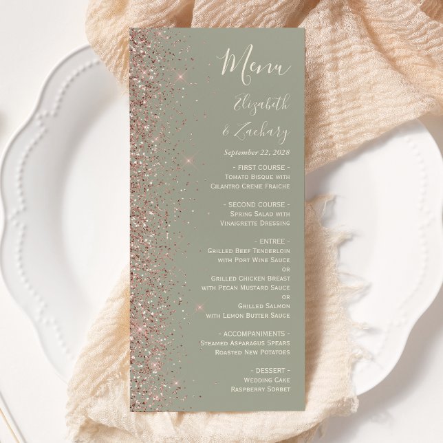 Modern Saggrön Rosa Guld Glitter Kant Bröllop Meny (Skapare uppladdad)