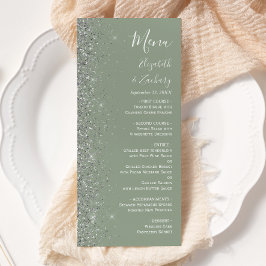 Modern Saggrön Silver Glitterkant Bröllop Meny