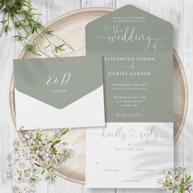 Modern Saggrön Skrift Hjärtan Minimalistisk Bröllo (Modern Sage Green Script Hearts Minimalist Wedding All In One Invitation)