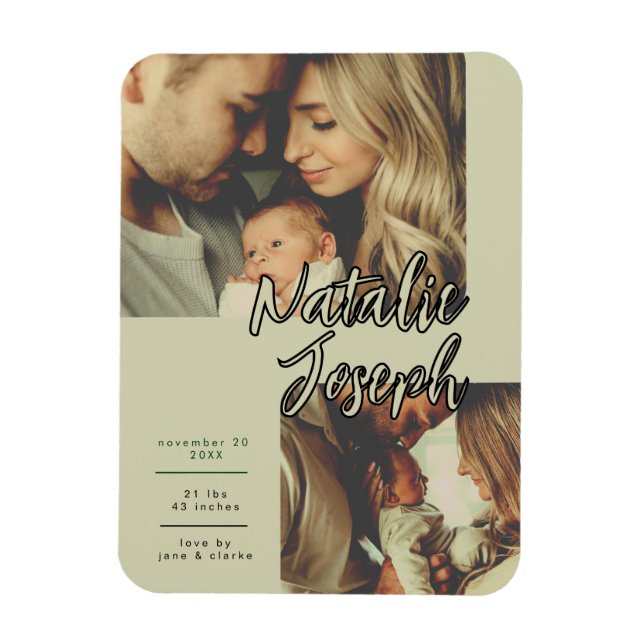 Modern Saggrön Unik Skript Familjefoto Magnet (Vertikal)