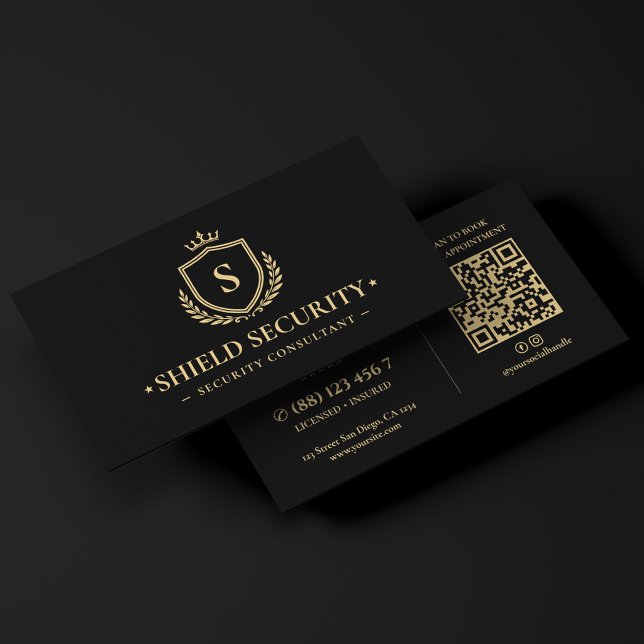 Modern säkerhetskonsult Kron Shield Logotyp Svart Visitkort (Elegant Security Company Crown Shield Black Faux Gold Logo Business Card
)