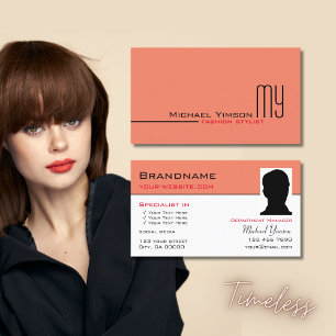Modern Salmon White Simple med Monogram och Photo Visitkort
