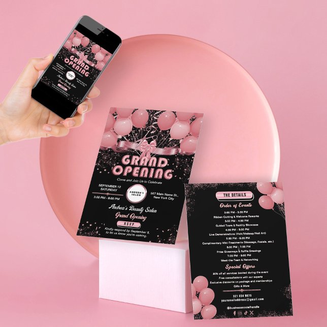 Modern Salon Business Grand Open Black Rosa Inbjudningar (Skapare uppladdad)