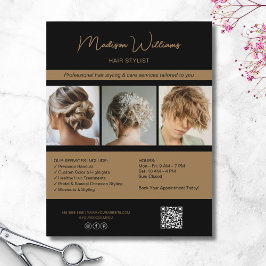 Modern Salon Hair Stylist Services QR Black Guld Reklamblad