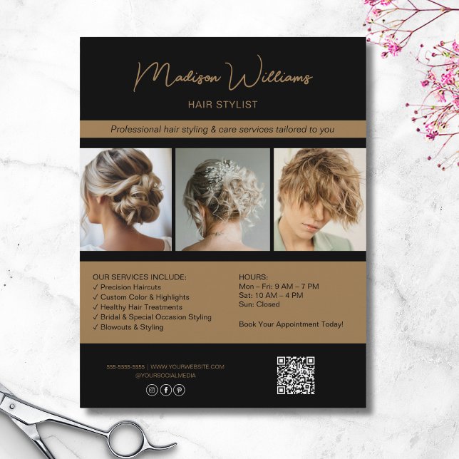 Modern Salon Hair Stylist Services QR Black Guld Reklamblad (Modern Salon Hair Stylist Services QR Black Gold Flyer)