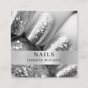 Modern salon silver glitter nagel fyrkantigt visitkort