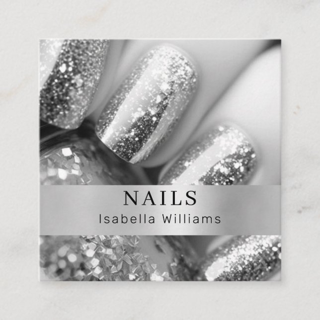 Modern salon silver glitter nagel fyrkantigt visitkort (Framsida)
