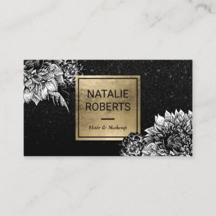 Modern salong för skönhet för blommigtsvartglitter visitkort