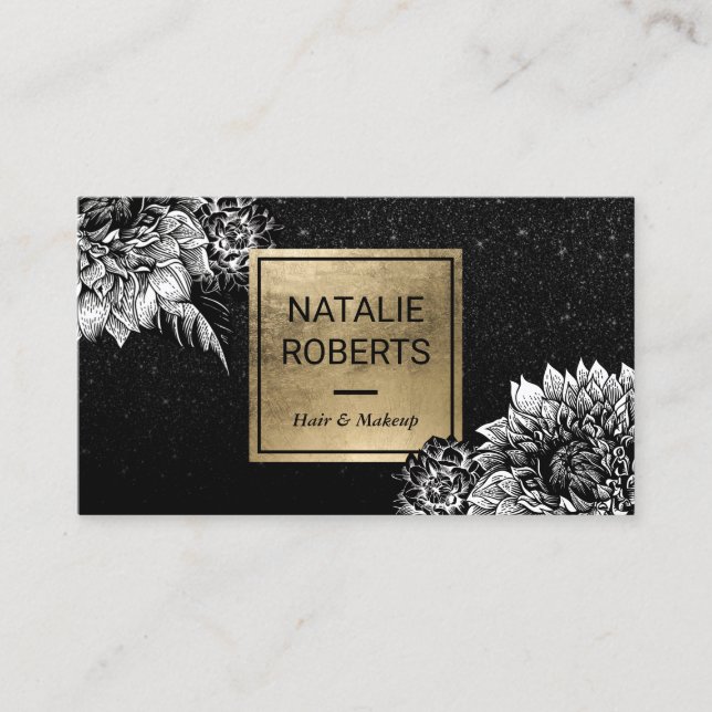 Modern salong för skönhet för blommigtsvartglitter visitkort (Framsida)