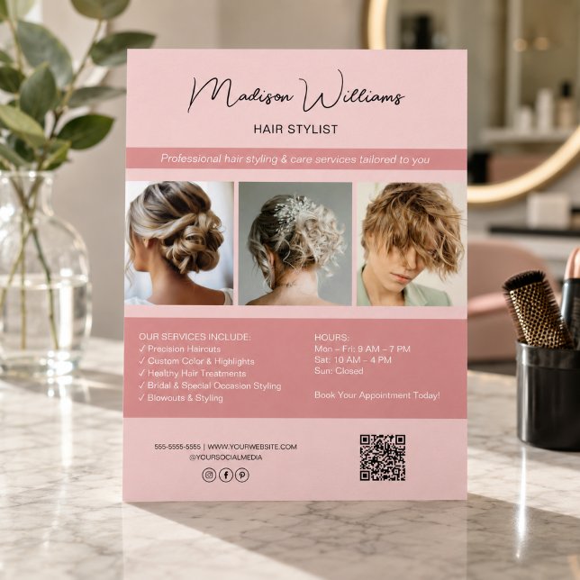 Modern salong frisörtjänster QR rosa flygblad (Modern Salon Hair Stylist Services QR Pink Flyer)