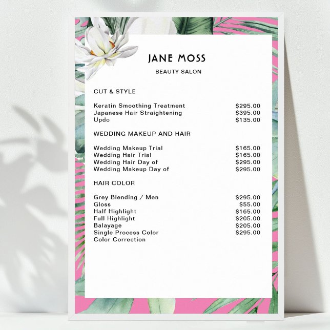 Modern Salong Vattenfärg Tropisk Prislista   Poster (Modern Salon Watercolor Tropical Price List Poster)