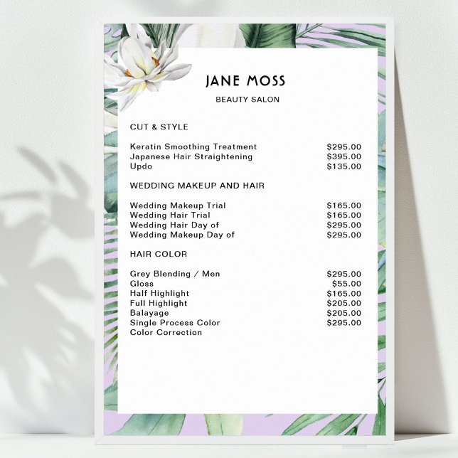 Modern Salong Vattenfärg Tropisk Prislista   Poster (Modern Salon Watercolor Tropical Price List  )