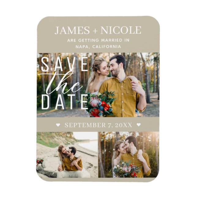 Modern Sand Beige Save the Date Bröllop 3 Fotograf Magnet (Vertikal)