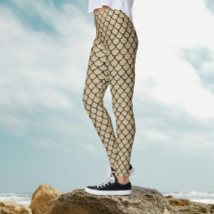 Modern sand beige sjöjungfru fiskfjäll mönster leggings