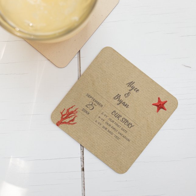 Modern sand & Coral Personlig Bröllop Underlägg Papper Kvadrat (Skapare uppladdad)