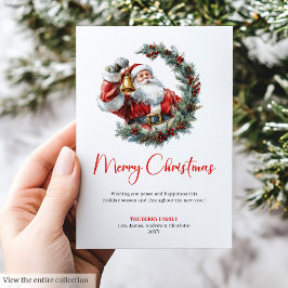 Modern Santa Claus Pine Wreath Christmas Greeting Julkort