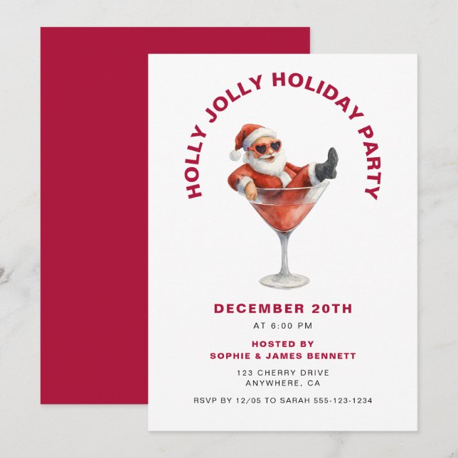 Modern Santa Holly Jolly Christmas Party Inbjudningar (Fram/baksida)